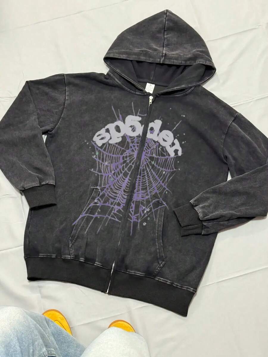 Men's Washed Black Hip-Hop Spider Web Pattern Letter Print Harajuku Retro Hooded Long-Sleeved Street Style Top - 黑色 - 查看 1