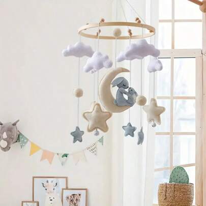 婴儿绵羊和星月床铃，手工制作的婴儿床摇铃，可爱的动物造型摇铃玩具，促进眼手协调能力发展，儿童房装饰，混合颜色，新生儿床铃玩具，亲子互动、生日、圣诞节的最佳礼物