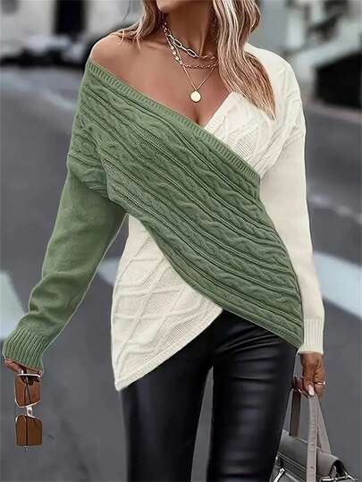 Suéter de cuello redondo minimalista con manga larga, parches de unicolor y cuerda retorcida, informal para otoño e invierno, talla grande