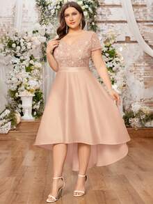 V领蕾丝拼接亮片撞色缎面高低摆A字正式连衣裙，适合晚宴、派对、婚礼宾客、夏季、生日、毕业典礼、返校、度假等场合。 - 香檳色 - 查看 7