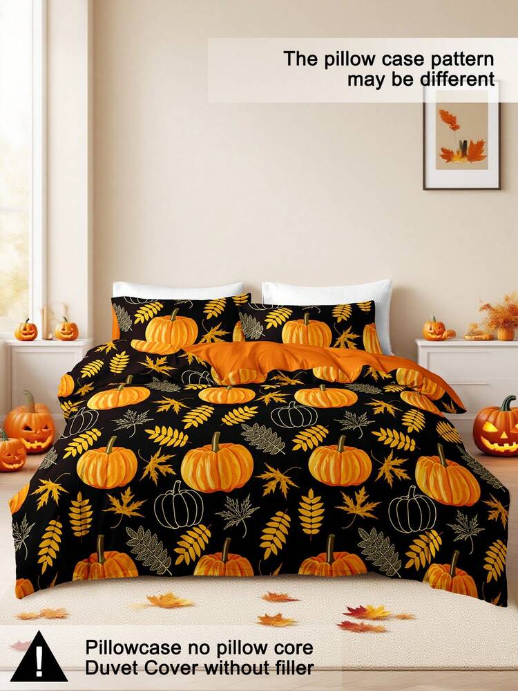 Juego de ropa de cama de 3 piezas/set con estampado digital de fantasma lindo y calabaza de Halloween (1 funda nórdica y 2 fundas de almohada), suave y amigable con la piel, juego de sábanas para todo el año, regalo de Halloween - Multicolor - Añade 4