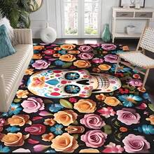 1pc Thickened 0.47 Inch/1.2cm Halloween Colorful Skull Pattern Kitchen Mat, Rose Background Non-Slip Polyester Floor Mat, Suitable For Bathroom, Bedroom, Game Room, Indoor And Outdoor Day Of The Dead Decoration Halloween Party - Multicolor - View 8