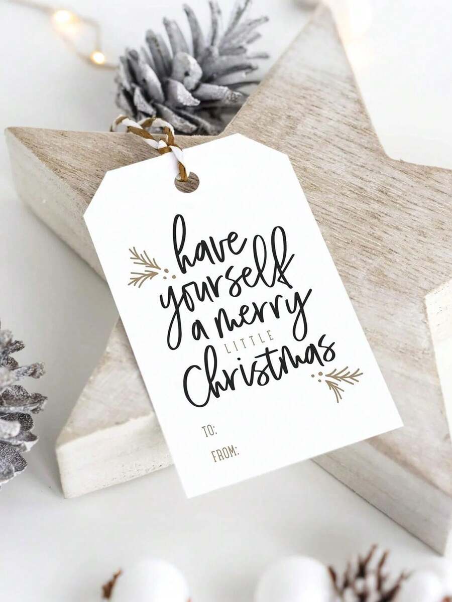 50个/包 圣诞快乐迷你标签，金色和黑色，非常适合节日、派对和庆祝活动 - 是完美的节日礼物！ - 白色 - 查看 1