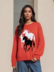 Women Y2k Graphic Sweater Pullover Long Sleeve Crew Neck Oversized Knit Aesthetic Sweatshirt Cute Horse Pattern Preppy Jumper Top - 紅色 - 查看 4