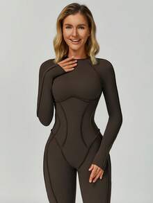 MASKERT 女士运动服瑜伽服连体裤跑步运动健身服高弹瑜伽服居家休闲舒适亲肤塑身连体衣 - 咖啡棕 - 查看 6