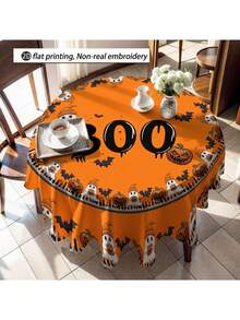 1pc Halloween Pumpkin, Ghost, Bat Pattern Tablecloth, Seasonal Kitchen/Dining Table Decor, Round Or Rectangular Sizes Available, Polyester Material, Indoor/Outdoor Party Decoration, Halloween Holiday Decor, Home Kitchen Decor
