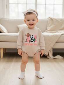 Baby Girl First Birthday Sweatshirt Romper 6-12 Months Long Sleeve Bodysuit Goose/Cowgirl Hat Letter Print Infant Girls Jumpsuit 1st Birthday Outfit 12-18 Months - Apricot - View 4