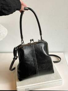 2025 新款时尚复古 PU 材质手提包，可拆卸女士单肩包，带纽扣开合钱包 - 黑色 - 查看 4