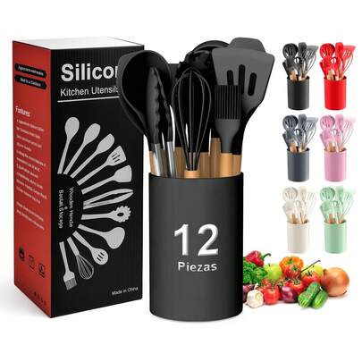 12 Utensilios De Cocina Con Cubos Cubos De Almacenamiento, Manejar Reposteria Juego Para Cocinar Con Mango De Madera, Juego De Espátulas De Silicona, Sin Bpa, Almacenamiento Colgante Antiadherente Y Resistente Al Calor Para Cocinar Revolver Y Hornear Herramientas Contienen Cuchara Batidor De Alimentos Clip De Pasta Cuchara
