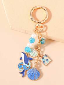 1pc Unisex Alloy Shell & Shark Keychain Pendant Beach Beaded Series Gift For Friends Key Chain Accessory Car Accessories For Women Keychain For Bag - Blue - View 3