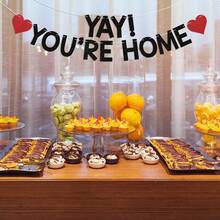 一套“耶，你回家了！”闪光三角旗横幅，趣味欢迎回家派对装饰，男女通用，返校季，军人返乡，家庭团聚派对悬挂旗帜 - 彩色 - 查看 6