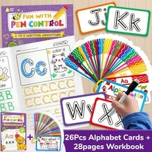 beartale 26Pcs Dry Erase ABC Alphabet Kids Early Educational Flash Cards - Write And Wipe Laminated ABC Letter Tracing Practice Card, Uppercase And Lowercase Letters Practice Spelling With Cute Illustrations To Associate Letters With Objects, Intelligence Games For Children, Kids Toys, Party Favors For Kids, Travel Toys, Montessori Toys, School Supplies, Kids Birthday Gift, Back To School, Welcome Learn