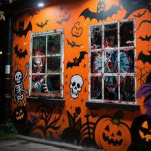 2pcs Halloween Window Door Decoration Flags, Polyester, Bloody Horror Broken Glass Clown Theme, Scary Halloween Window Door Flag Poster Party Decor Indoor Outdoor, 31.4x47.2 Inches