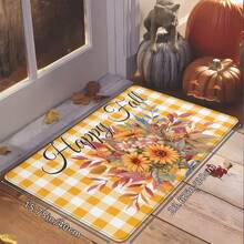 1 Stück Thanksgiving Rustikaler gelber Karomuster & Gänseblümchen Muster Fußmatte, weich rutschfest saugfähig waschbar Küchenmatte, festliche gemütliche Eingangsmatte, rechteckiger Florteppich Feiertags-Heimdekoration für Wohnzimmer, Schlafzimmer, Küche, Waschraum, Badezimmer