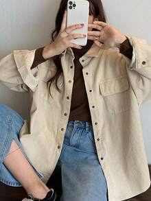 Plus Size Corduroy Shacket With Collar Long Drop Shoulder Sleeves And Pockets Casual Regular Length Coat Non Stretch Fabric