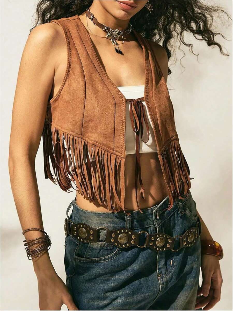 Women's Vest Cardigan, Vintage Solid Color Tassel Sleeveless Lace-Up Vest Cardigan, For Party Club Street Wear - nâu đỏ - Xem 1