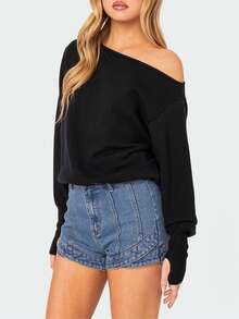 Women's Off Shoulder Sweaters Classic Long Sleeve Solid Color Knit Pullover Jumper Tops Loose Fit Tops - Black - View 2