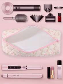 1 Peça de Bolsa de Armazenamento de Secador de Cabelo com Padrão Floral e Laço, Bolsa de Armazenamento de Modelador de Cabelo, Bolsa de Armazenamento de Secador de Cabelo Portátil para Viagem, Bolsa Cosmética Multifuncional Portátil para Viagem, Bolsa de Viagem para Armazenamento de Artigos de Toalete, Capa Protetora à Prova de Poeira que Pode Armazenar Secadores de Cabelo, Ferros de Ondular, Chapinhas, Grampos de Cabelo, Pentes, Necessidades de Cruzeiro e Férias, Presentes de Dama de Honra de Casamento, Presentes de Feriado