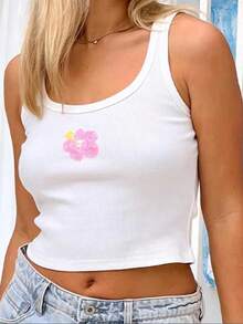 Women's Summer Crop Tank Tops Sleeveless Scoop Neck Bead Flower Slim Fit Vest Casual Summer Shirts - 粉色 - 查看 2