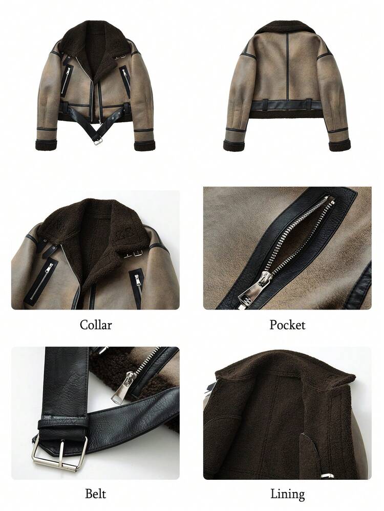 Winter Women Faux Lamb Fur Leather Short Jacket Lapel Zipper