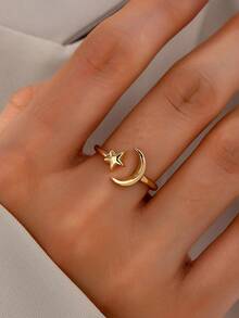 1枚可调节金色立方氧化锆月亮星星设计戒指，女士珠宝