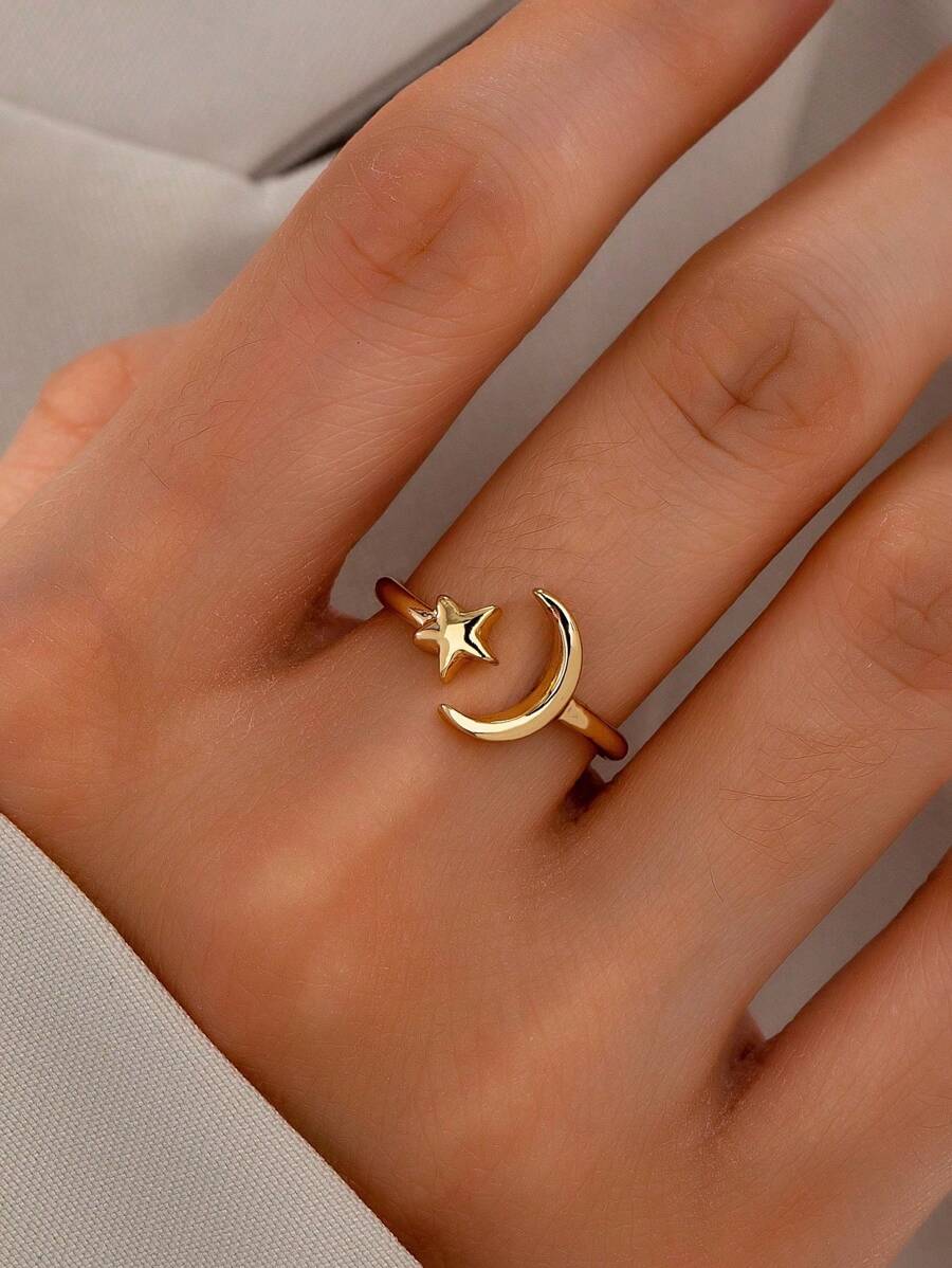 1枚可调节金色立方氧化锆月亮星星设计戒指，女士珠宝