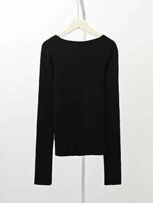 Hollow V-Neck Cropped Knit Sweater, Sleeveless, Solid Color, Sweet & Spicy Hong Kong Style - Black - View 6