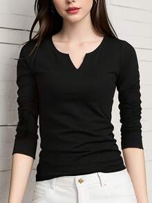 Plus Size Black Undershirt, Long Sleeve T-Shirt With V-Neck Design, Spring/Autumn 2024 New Arrival