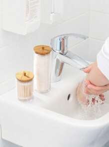 BoĂźte de rangement pour cotons-tiges, boĂźte de rangement pour cotons-tiges Ă double tĂȘte, boĂźte de rangement transparente carrĂ©e avec couvercle en bambou pour cotons-tiges et cure-dents