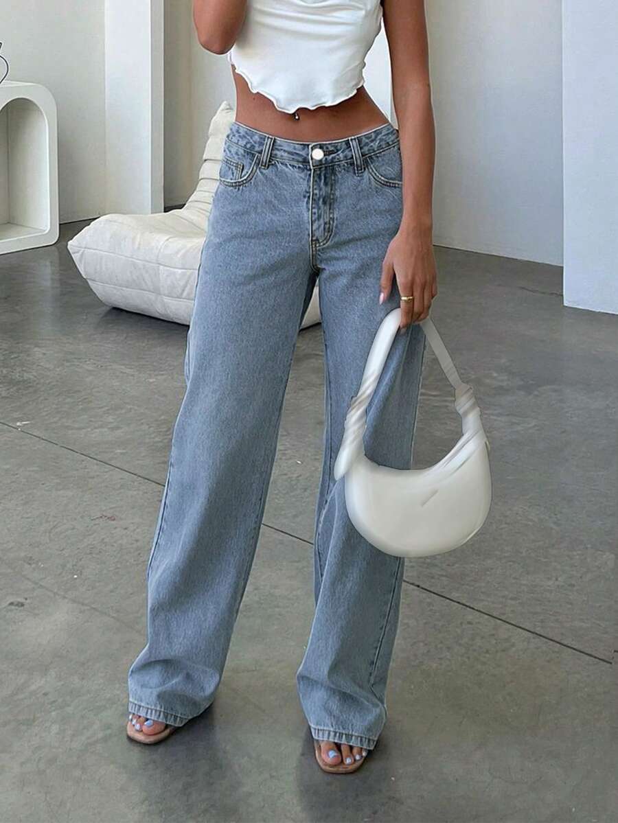 New Popular European And American Street Style Simple Daily Commuting Casual Low-Waist Straight Women's Jeans