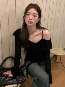 女式纯色长袖T恤，性感别致上衣 - 黑色 - 查看 1