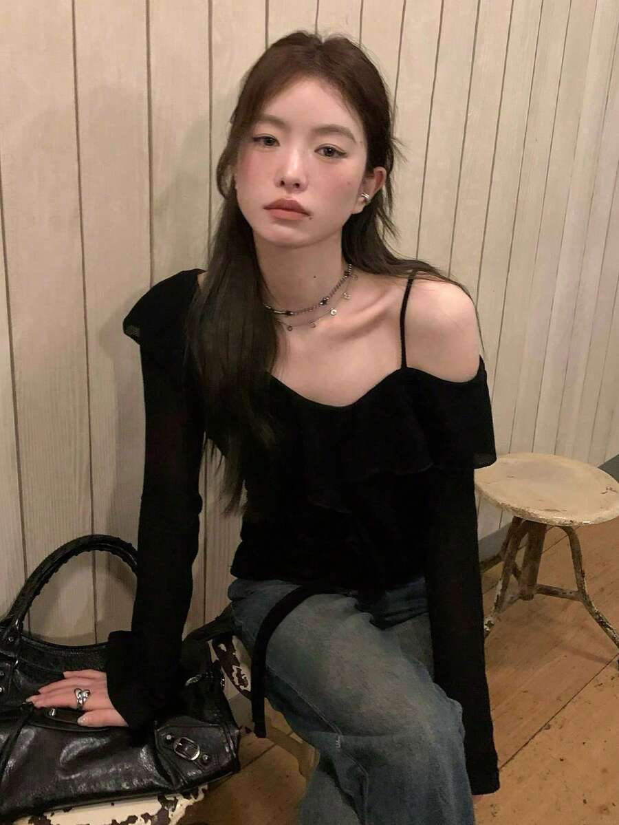 女式纯色长袖T恤,性感别致上衣 - 黑色 - 查看 1