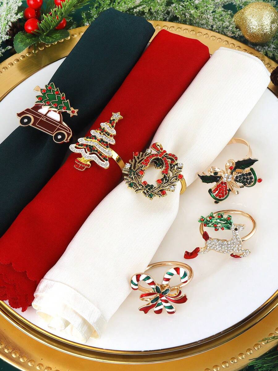2-6pcs Christmas Napkin Rings Set, Deer, Christmas Tree, Vintage Gold Wreath, Candy Cane, Christmas Table Decor Napkin Holders, Christmas Party Napkin Rings - Multicolor - View 1