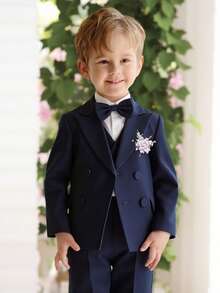 5pcs/Set Boys' Classic Minimalist Formal Suit Set - Jacket + Vest + Pants + Tie + Suspenders, Suitable For Birthday Party, Celebration, Awards Ceremony