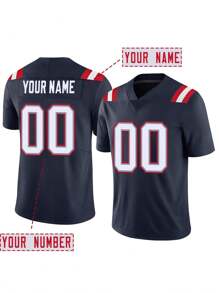 Customized Name & Number Men's Embroidered American Football Jersey, New England Blue V-Neck Personalized Short Sleeve Shirt, Suitable For Party, Match, Training, Sports Competition, DIY Size S-XXL - Blue - View 2