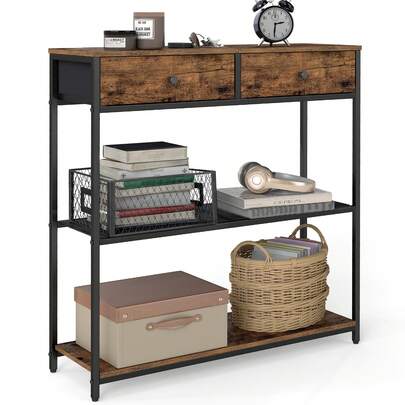 Table d'Entrée Étroite, avec 2 Tiroirs en Tissu, Meuble Console, Bout de Canapé sur 3 Niveaux, 24 x 76 x 80 cm, pour Entrée, Salon, Marron Rustique et Noir d'encre