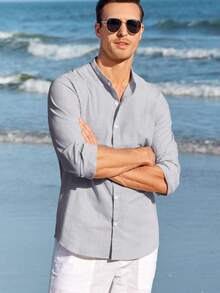 Runcati Men Linen Shirt Button Down Long Sleeve Cotton Beach Band Collar Casual Summer Shirts - Xám - Xem 1