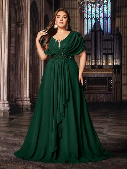 Classic Style Plus Size Women Summer Formal Dress Evening Gowns Upscale Party Dresses For Party, Birthday, Dinner Chiffon Short Sleeve Sequin Splicing Long Dresses Wedding Spring