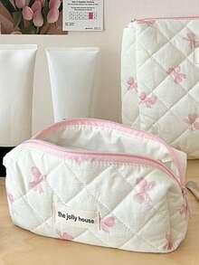 1pc L/M/S Pink Bow Pattern Makeup Bag Set Floral Cosmetic Bag Aesthetic Toiletry Travel Organizer Bag For Women Girls Print Large Travel Vintage Quilted Makeup Bag For Women Skincare Organizer Bag Print Flower Makeup Organizer Storage Bag Autumn University Essentials Travel Essentials Holiday Vacation Travel Bag For Women
