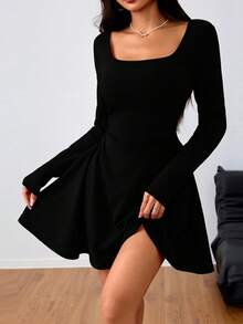 Women's Square Neck Long Sleeve Fit And Flare Mini Dress Cocktail Evening Party Elegant Dresses - 黑色 - 查看 2