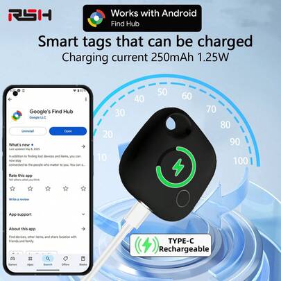 RSH 可充电智能标签，配备 Type-C 接口，智能追踪器兼容 Find Hub 应用（Android 9.0 或以上版本），全球定位智能追踪器和物品追踪器，适用于钥匙、包包、行李等。方便家人共享和隐私保护。
