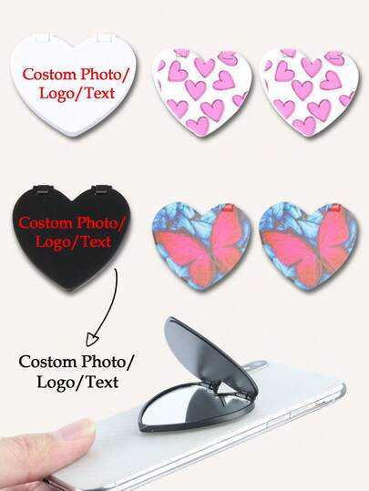 1pc Customized Pattern/Text/Logo Printed Portable Heart-Shaped Folding Makeup Mirror & Phone Holder With Adhesive Backing, Suitable For Team Gifts, Couples, Mother's Day, Wedding Favors