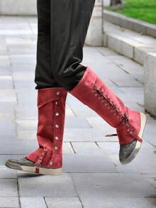 1 双维京海盗靴套，中世纪文艺复兴蒸汽朋克靴套，适合万圣节服装、角色扮演、文艺复兴博览会 - 黑色A - 查看 6