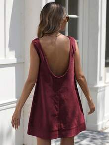 Women's Corduroy Pinafore Dress Jumper Overall Mini Dress With Pockets - Round Neck A-Line Short Sleeve Casual Vintage Fall Dresses For Women - 酒紅色 - 查看 6