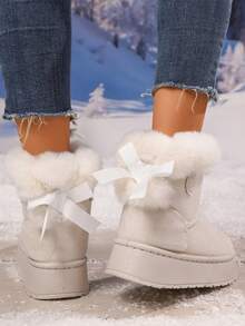 Damskie, jednokolorowe, pluszowe kozaki do połowy łydki z kokardką, ciepłe śniegowce, modne, zimowe botki na platformie z grubą, miękką wyściółką z pluszu, antypoślizgowe, wygodne, grube, śniegowce - Beżowy - Zobacz 1