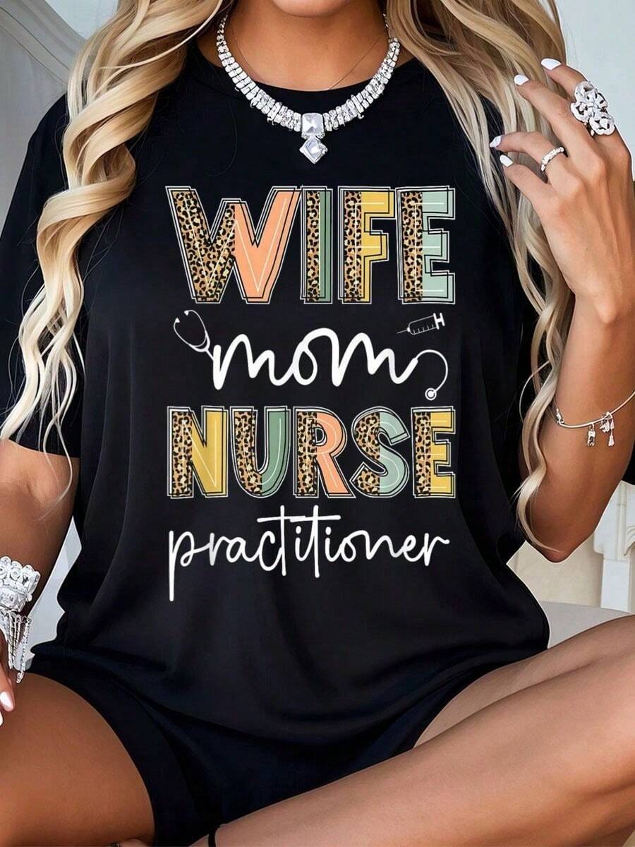 % Cotton Wife Mom Nurse Practitioner NP Nurse Practitioners-Shirt Shirt Top Summer-Shirt Women - 黑色 - 查看 1