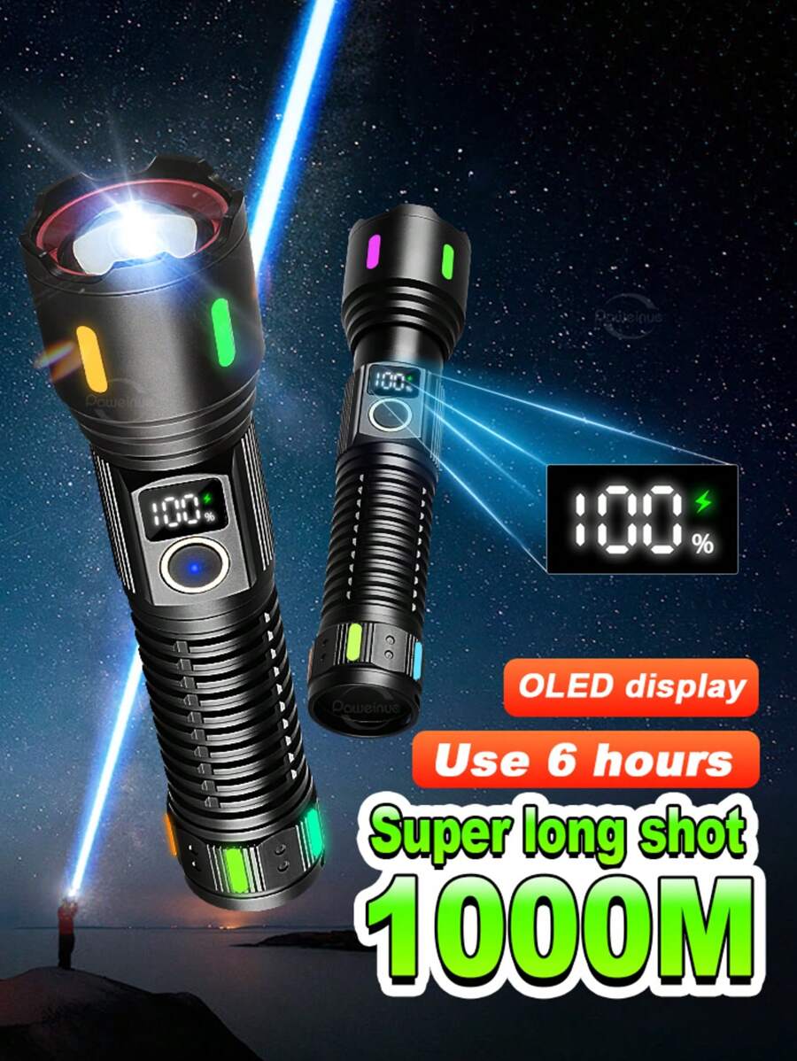 便携式 30W LED 手电筒大功率超远距离伸缩变焦手电筒 5 种模式照明多功能 USB 充电长端照明高光使用 18650/26650 电池荧光灯极具吸引力户外露营和钓鱼工作手电筒 - 黑色 - 查看 1