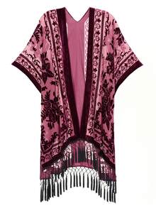 Easter Gift Shawl,Burnout Velvet Kimono Cardigan For Women With Tassels, Pattern Placement Printing, Swimsuit Cover-Up, Wine Red, 1 Size Fits All - Rượu vang đỏ - Xem 1