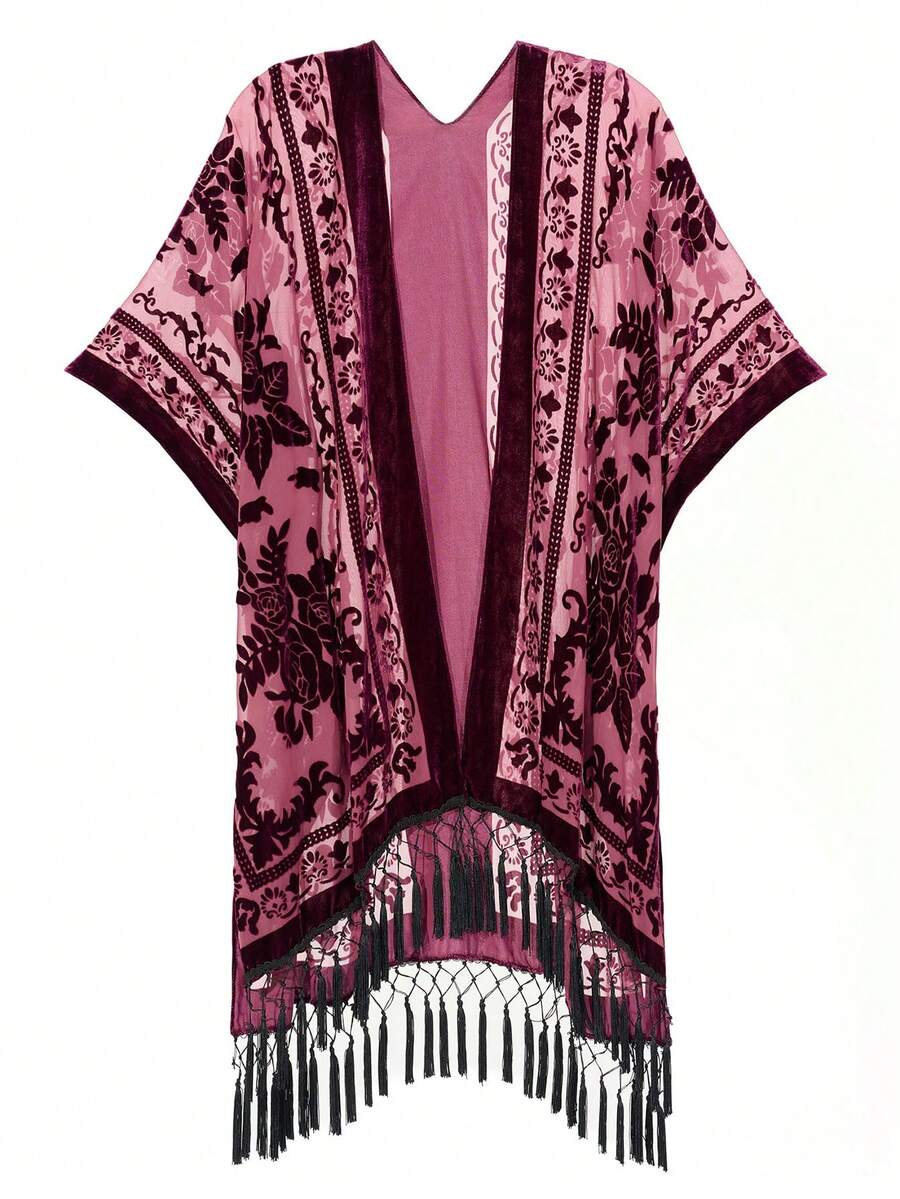 Easter Gift Shawl,Burnout Velvet Kimono Cardigan For Women With Tassels, Pattern Placement Printing, Swimsuit Cover-Up, Wine Red, 1 Size Fits All - Rượu vang đỏ - Xem 1