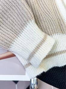 JIANHU Beige Striped V-Neck Cardigan - Autumn/Winter Knit Sweater, White Ribbed Trim And Buttons | Christmas Baking And Cozy Home - Khaki - View 6